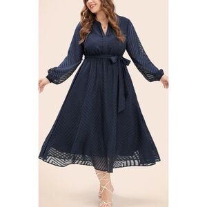Bloomchic Geometric Lantern Sleeve Dress Navy